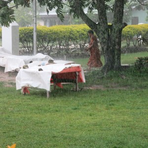 Downpour outside village church